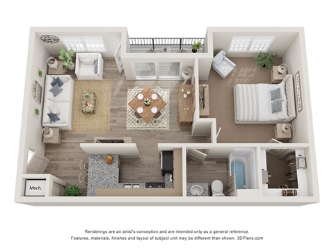 a 1 bedroom floorplan is shown in this rendering